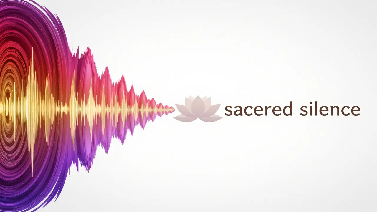 Abstraktní obraz kombinující dynamické barevné zvukové vlny s čistým bílým tichem.