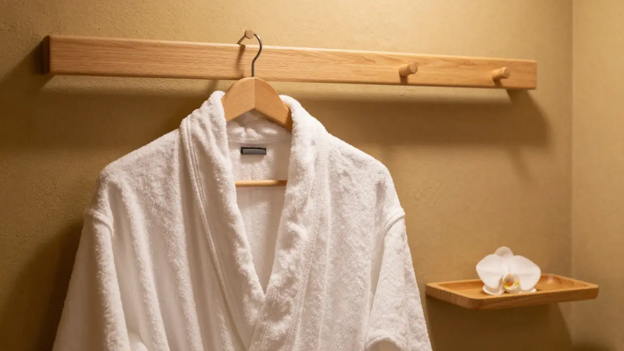 Bílý měkký župan visící na stěně v uklidňujícím prostředí spa salonu.