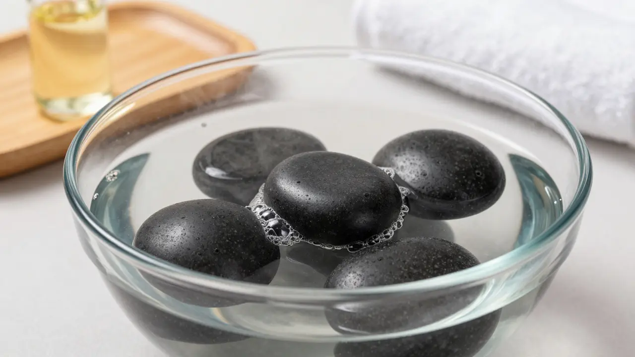 Černé bazaltové kameny nahřívající se v čisté vodní lázni s olejem.