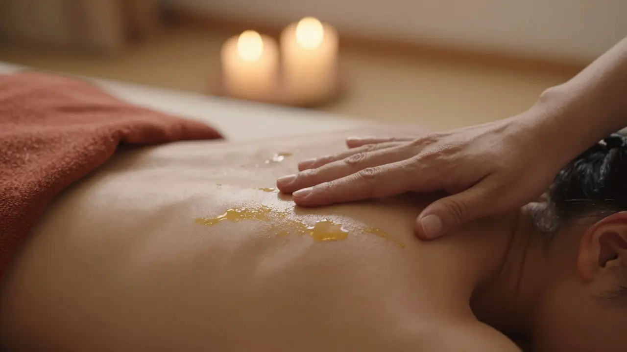 Detail jemného doteku s olejem a svíčkemi symbolizující hluboké uvolnění a bezpečí.