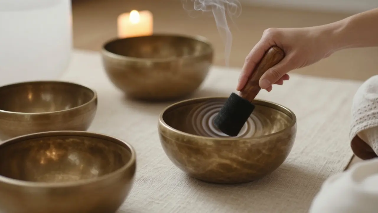 Detail tibetských mís na plátně s jemnými vibracemi a vteplém světle svíček.