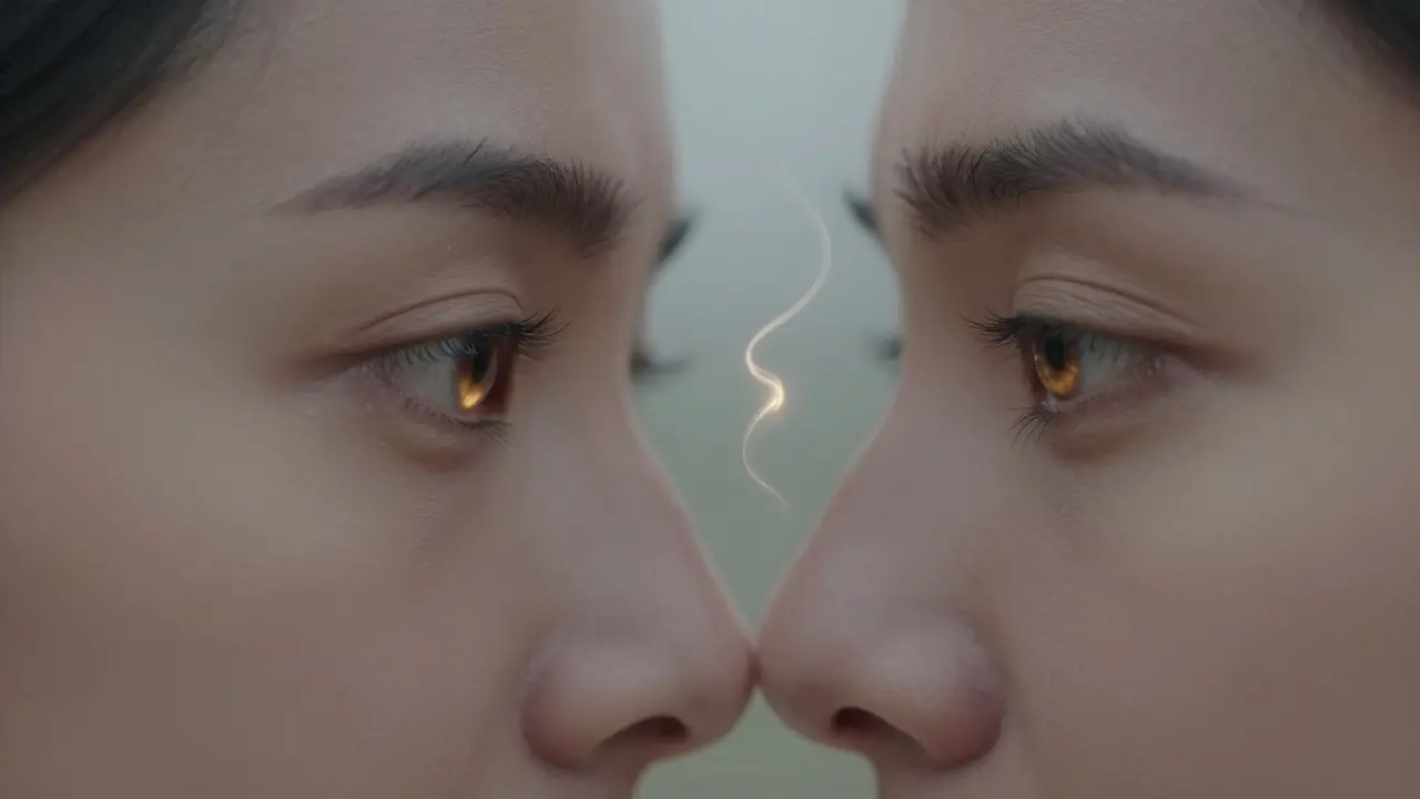 Detailní pohled do očí partnerů vyjadující hluboké emoční spojení a synchronizaci.
