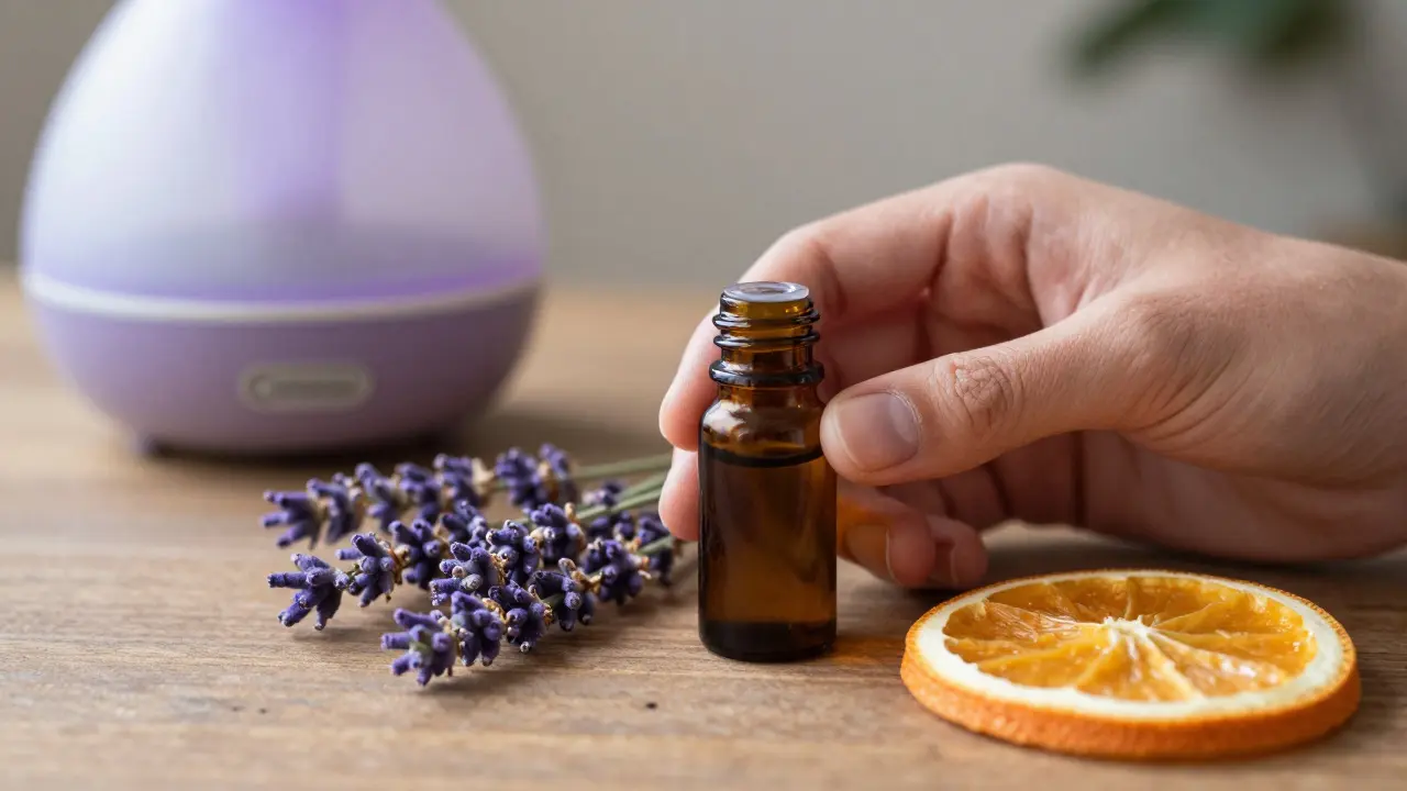 Esenciální oleje, levandule a difuzér symbolizující aromaterapii.