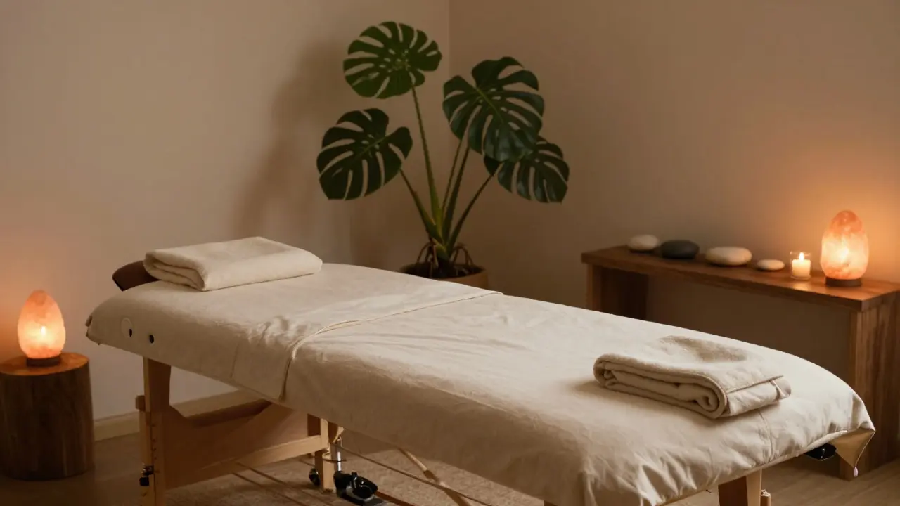 Klidná a bezpečná terapeutická místnost s teplým osvětlením a přírodními prvky.