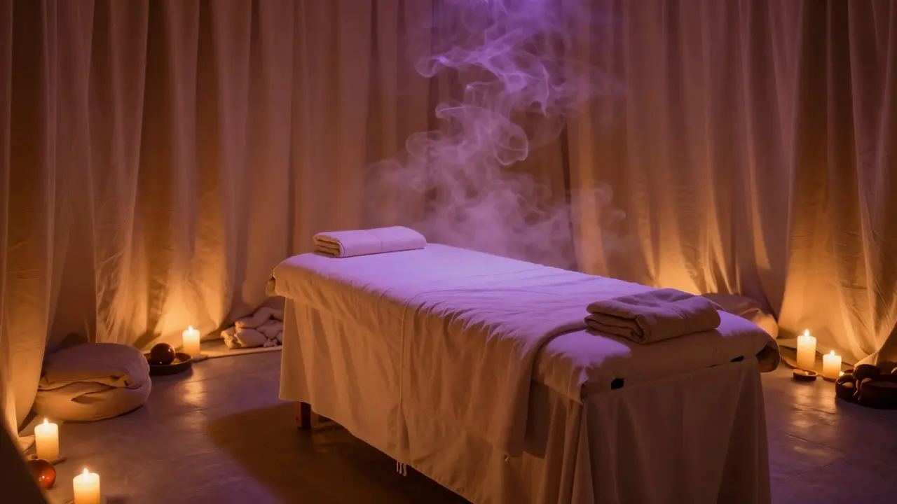 Klidná wellness místnost s tlumeným osvětlením, svíčemi a masážním stolem.