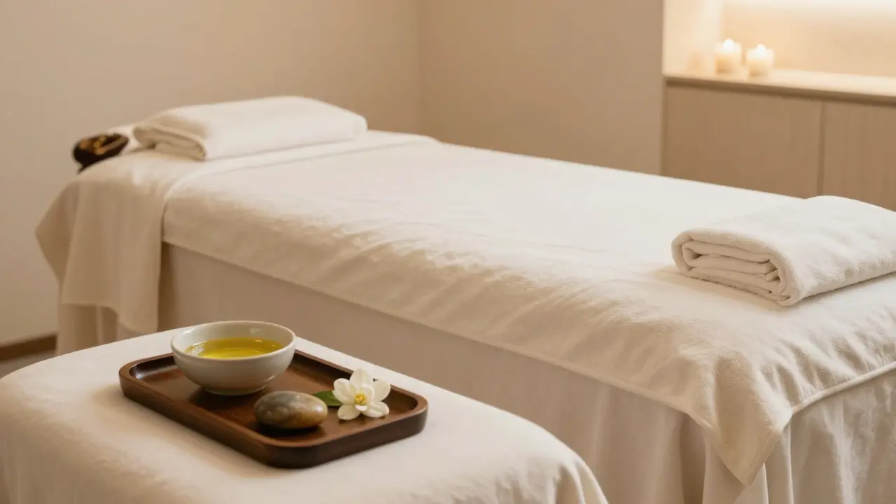 Klidný interiér luxusního wellness studia s masážním stolem a oleji.