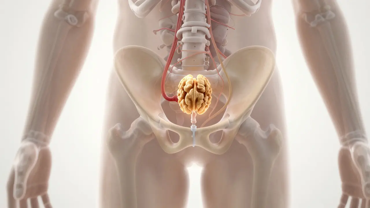 Konceptuální 3D vizualizace polohy prostaty v pánvi.