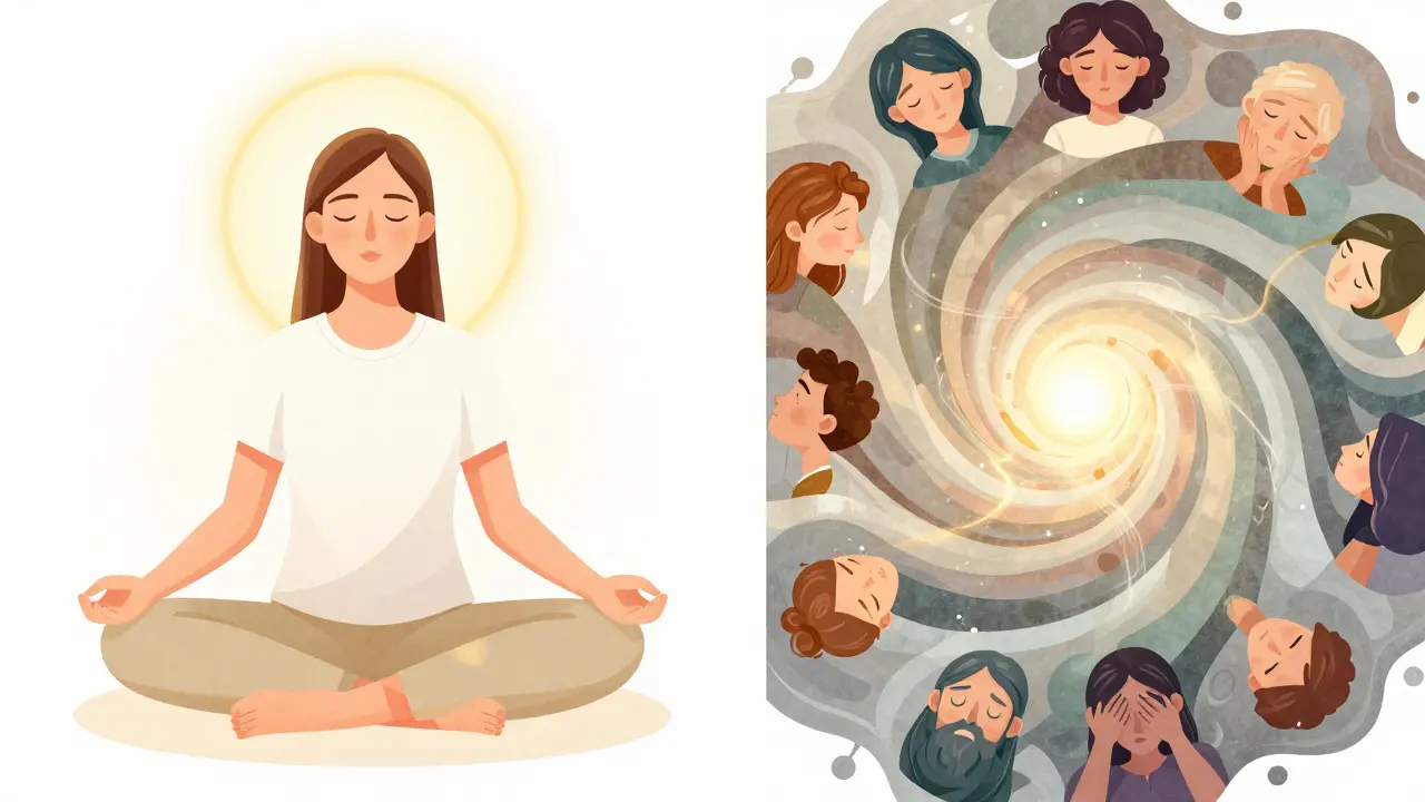 Konceptuální obraz meditujícího maséra v rovnováze mezi empatií a osobními hranicemi.