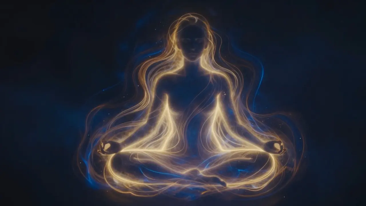 Konceptuální zobrazení uvolňování emočních bloků pomocí zlatého a modrého světla.