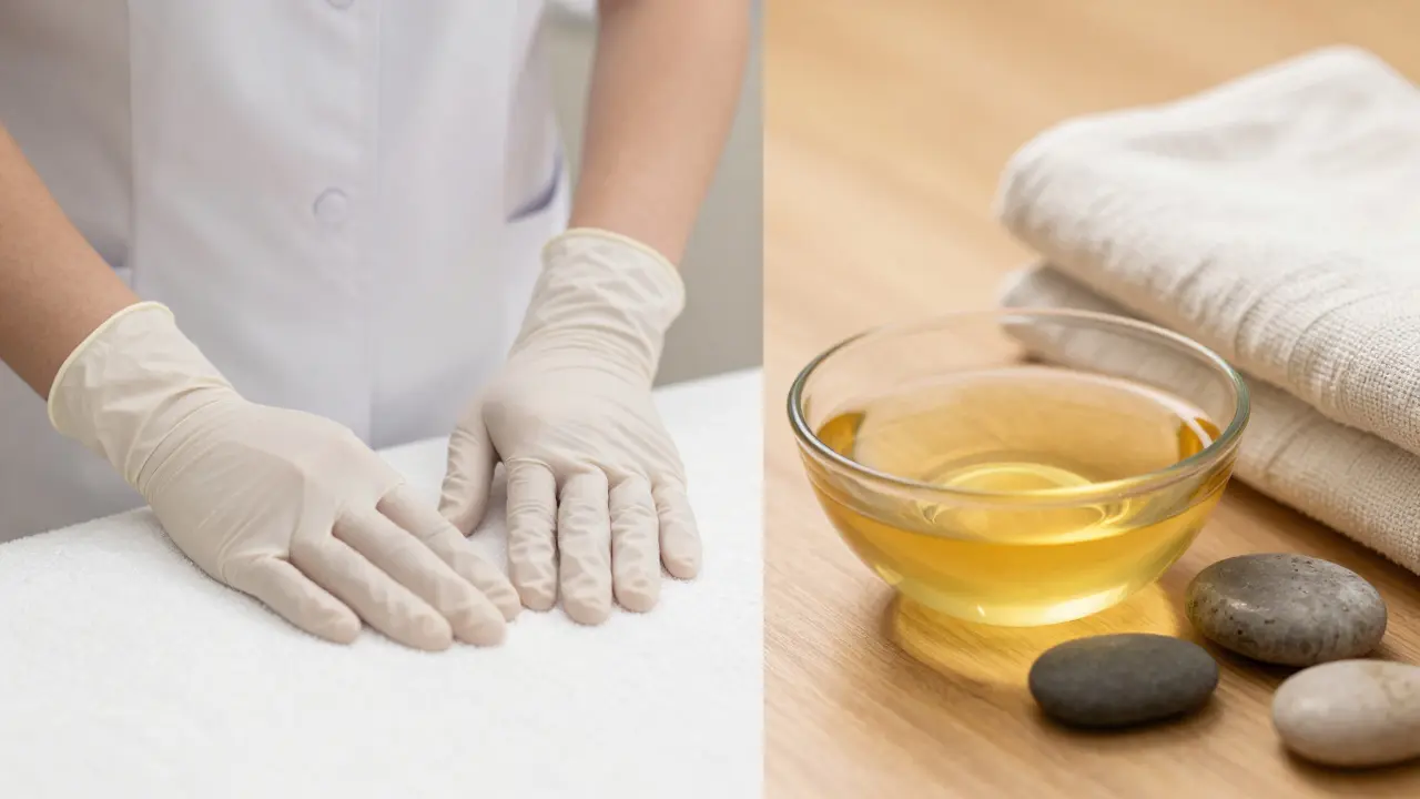 Kontrast mezi sterilním lékařským prostředím a teplými prvky tantrické masáže.