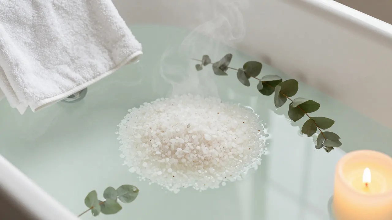 Koupel s Epsomskou solí a svíčkou jako rituál regenerace a sebepéče maséra.