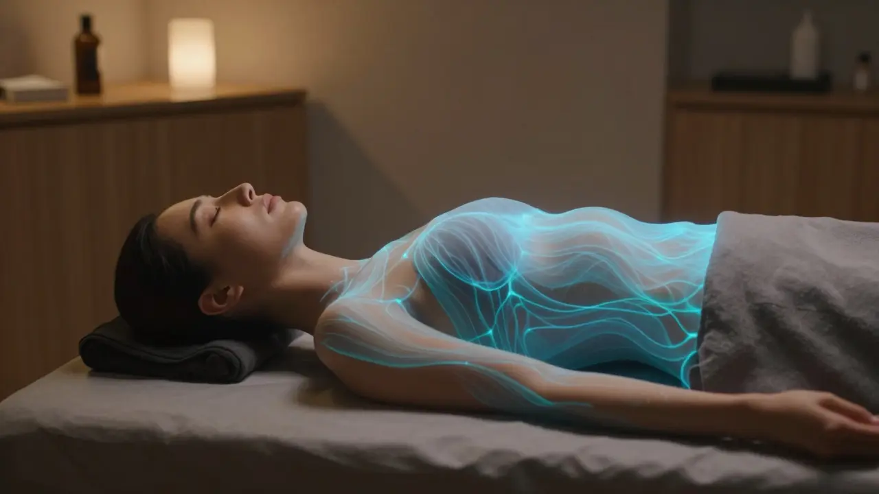 Osoba v hlubokém uvolnění s vizuální reprezentací stresu, který opouští tělo.