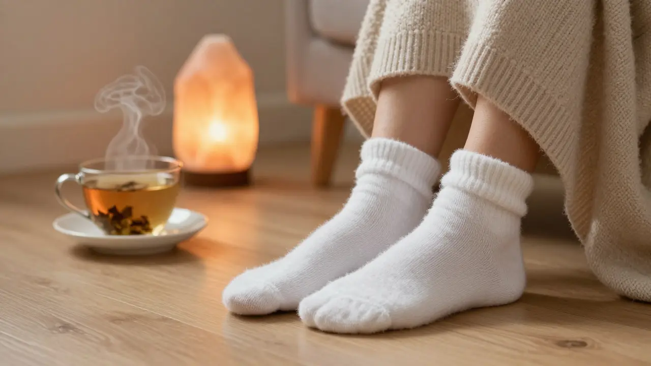 Osoba v hřejivých bavlněných ponožkách v útulném domácím prostředí po masáži.