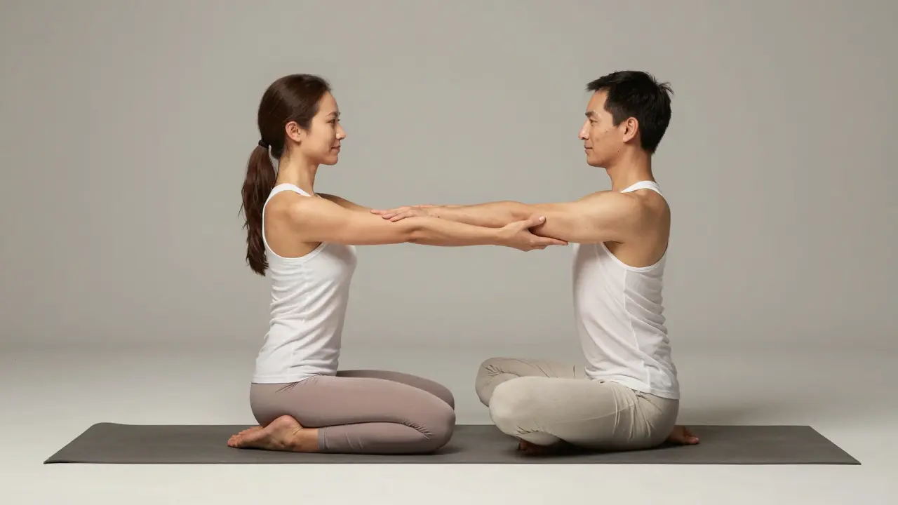 Pár v pozici Straddle whirlpool, sedící čelem k sobě s prolácenými předloktími.