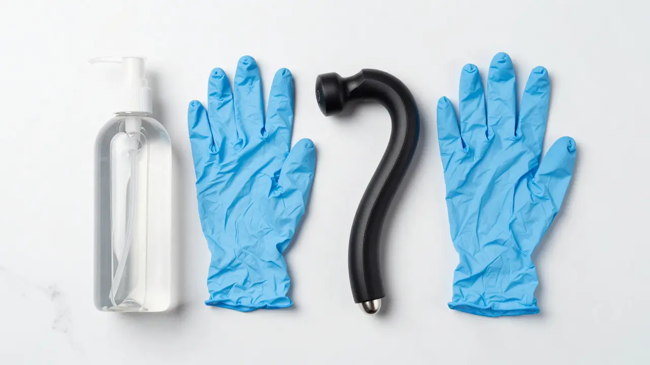 Profesionální pomůcky pro masáž: lubrikant, rukavice a vibrátor.