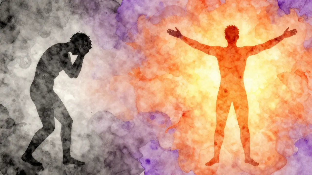 Umělecký přechod od napjaté šedé siluety k zářící a uvolněné postavě.