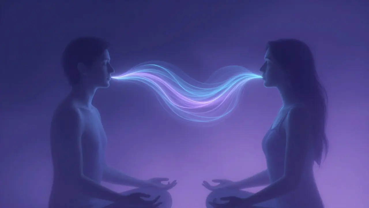 Abstraktní ilustrace energetické propojenosti partnerů prostřednictvím světla.