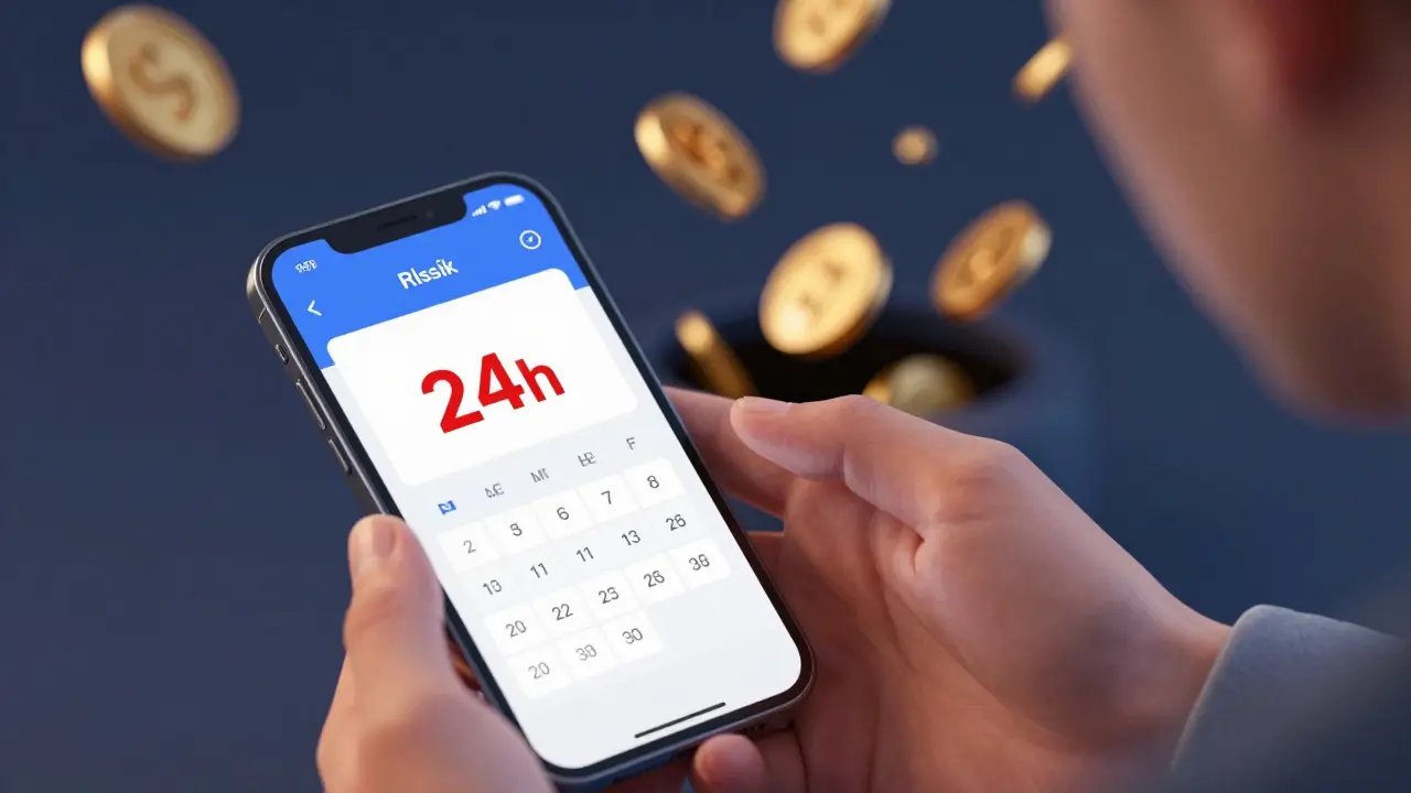 Ruka s telefonem ukazující časový limit zrušení a padající mince