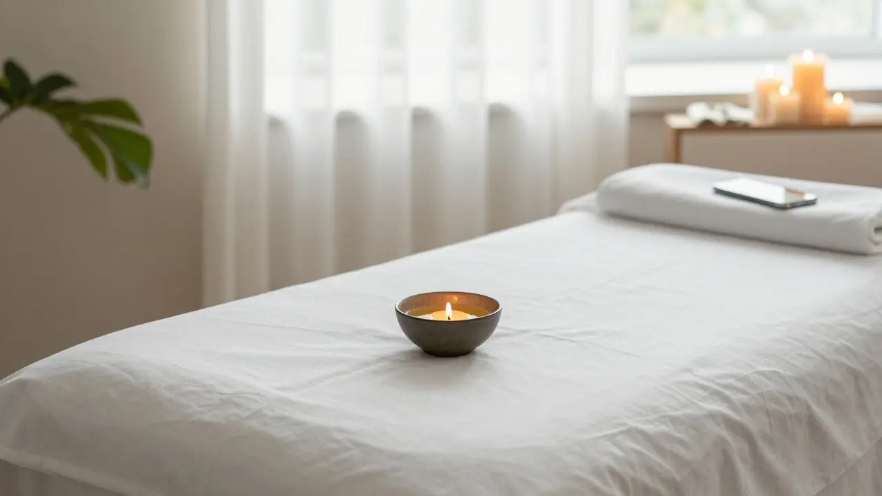 Příprava masážního prostoru s olejem a svíčkami pro relaxaci