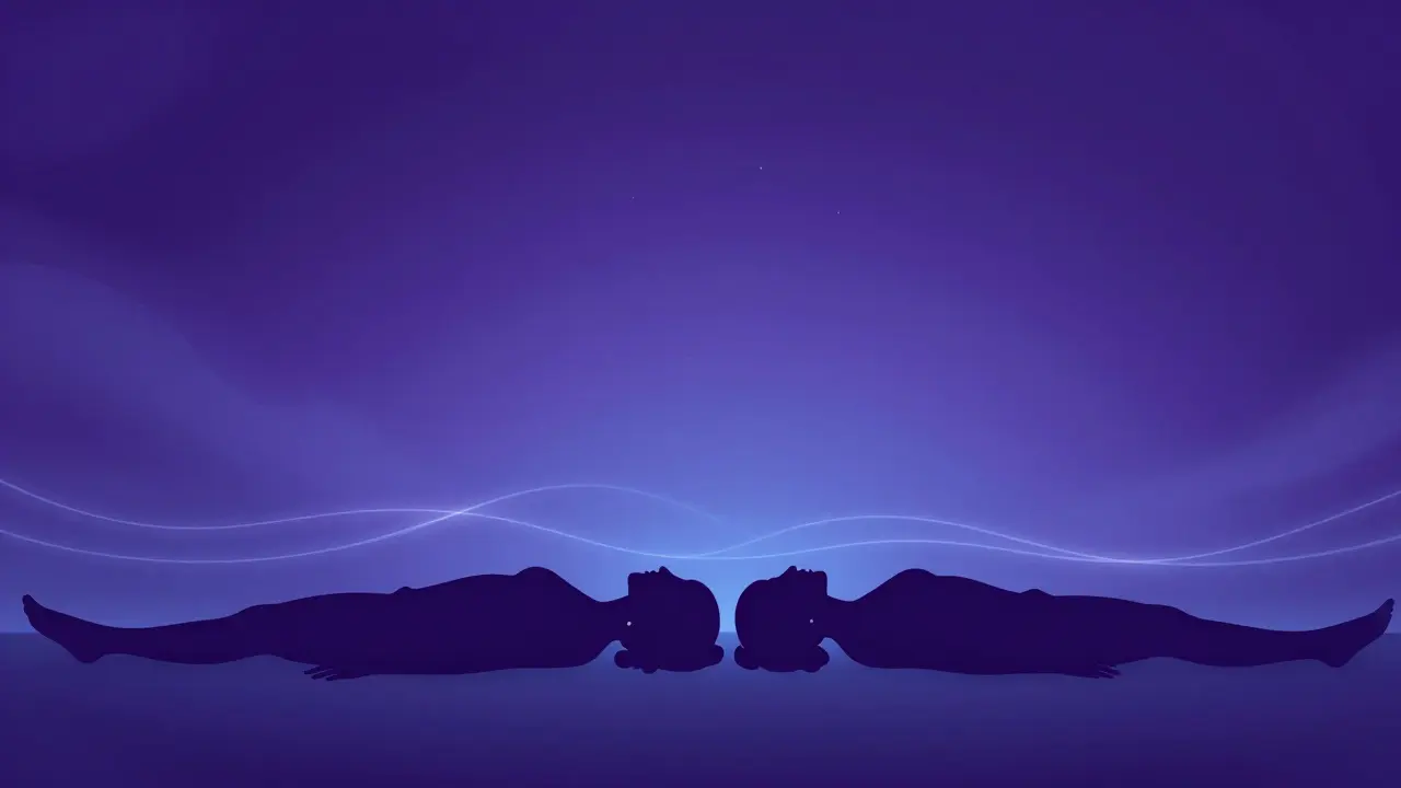 Siluety páru propojené světlem v meditativní póze