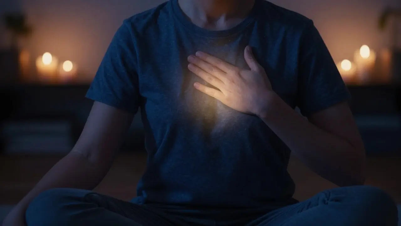 Člověk v meditaci s vnitřním světlem představující důvěru v intuici