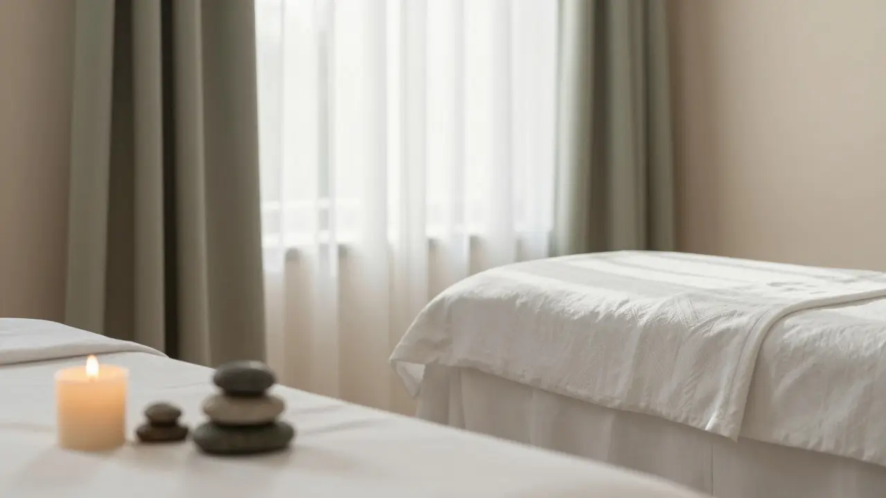 Klidná terapeutická místnost s měkkým světlem a kamennými prvky