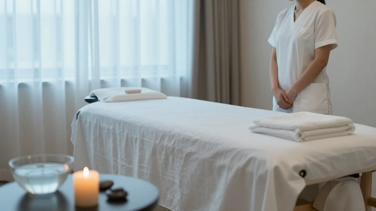 Klidný a profesionální wellness salón s masážním stolem a prvků meditace.