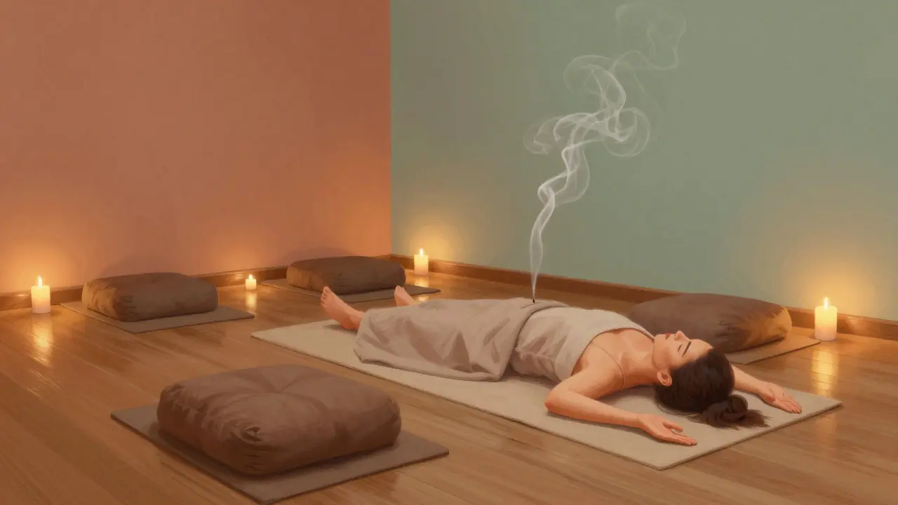 Ilustrace klidného interiéru studia pro tantrickou masáž s osobou v meditaci