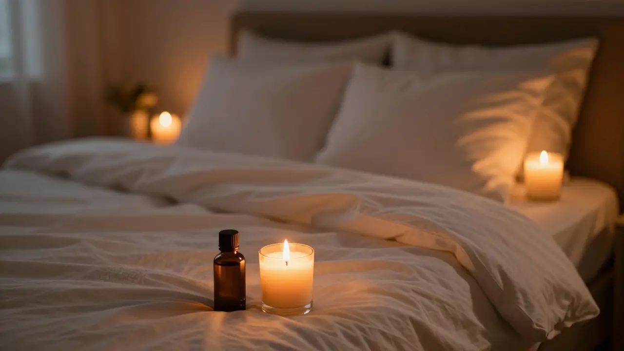 Romanticky osvětlená ložnice s svíčkami a láhví esenciálního oleje