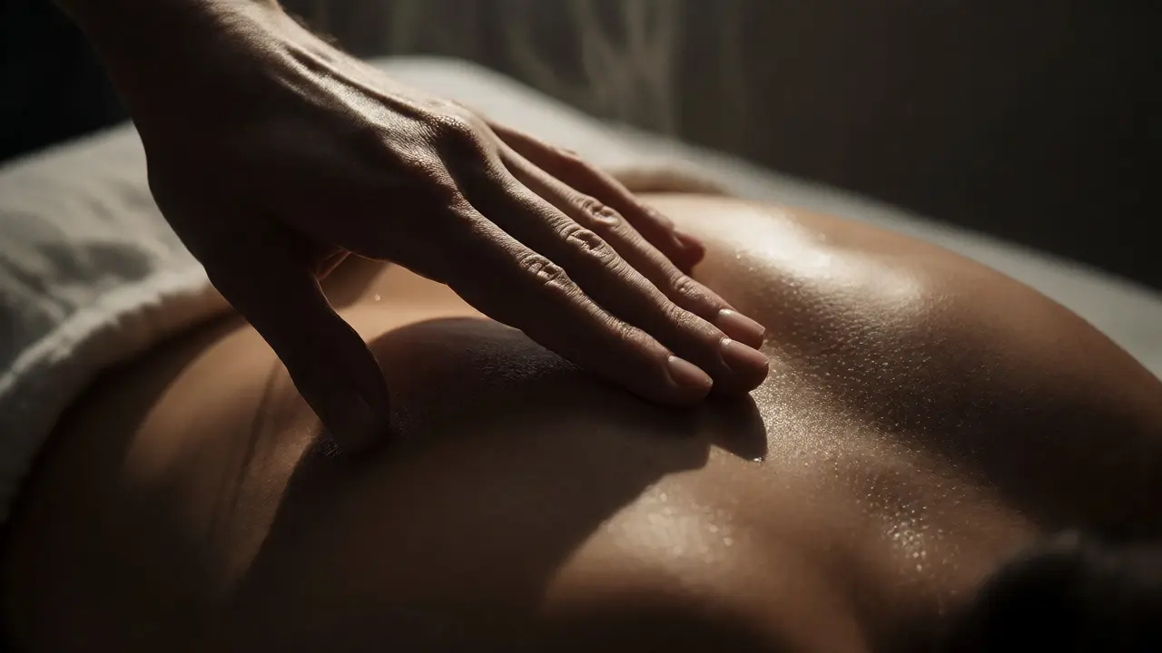 Detailní záběr na pomalý dotek rukou terapeuta během hluboké tantrické masáže.