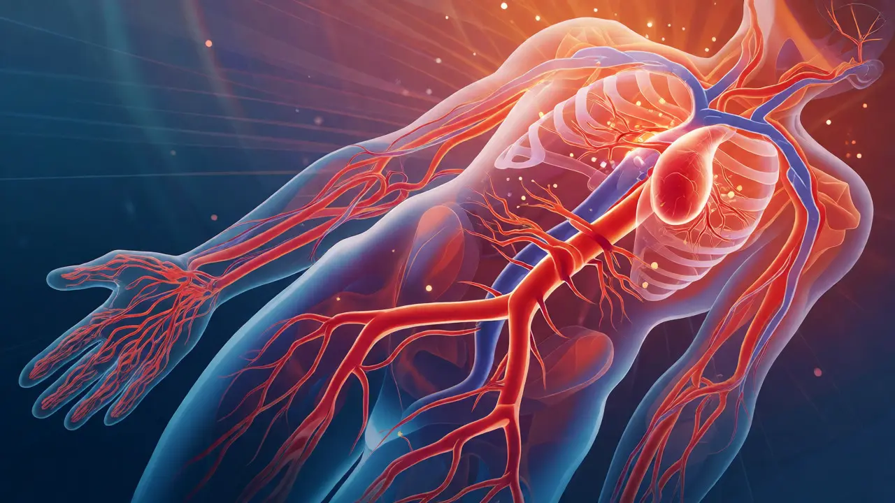 Konceptuální ilustrace rozšířených cév a hormonálního uvolnění díky masáži.