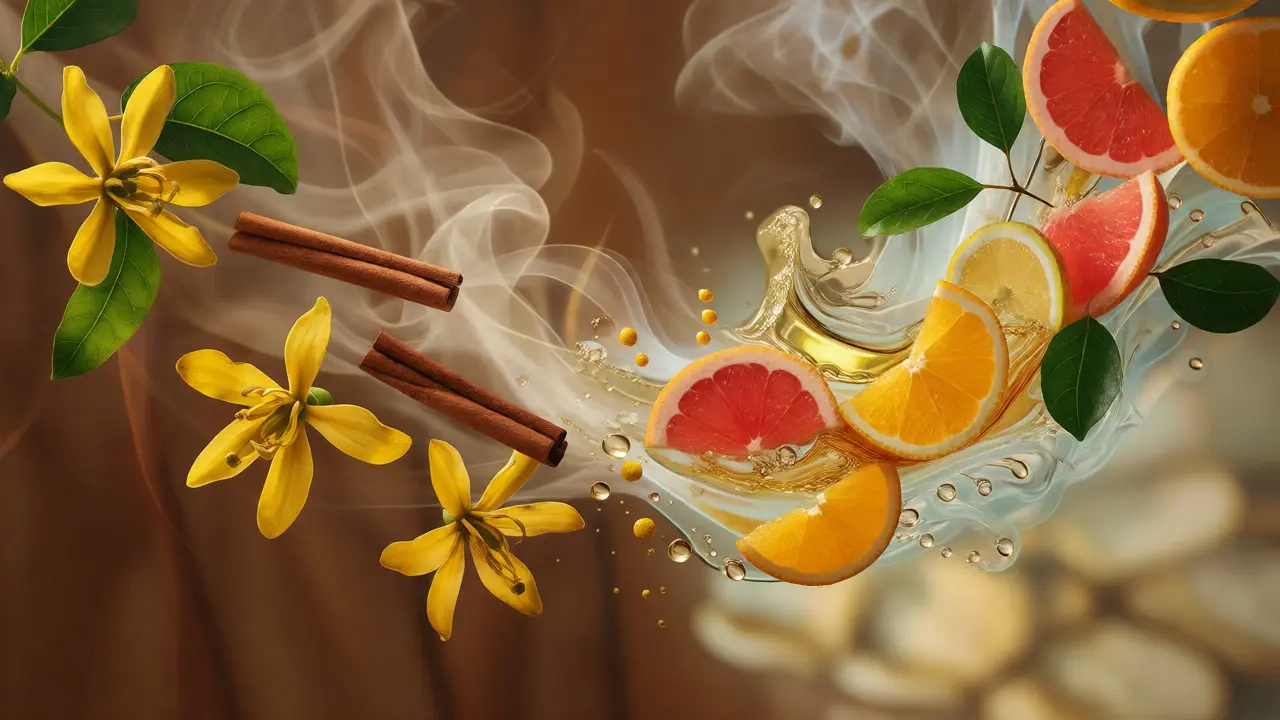 Konceptuální kompozice éterických olejů s květy ylang-ylang a citrusy.